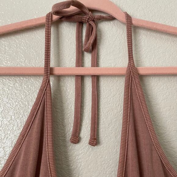 Old Navy Dress Womens 2X Tan Midi Ribbed Knit Halter Side Slit Stretchy Athletic - Picture 5 of 13